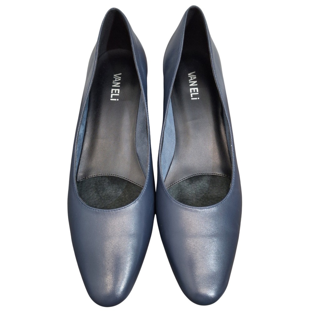 Vaneli Womens Casual Navy Blue Leather Low Block Heel Pumps Almond Toe Shoes 11N